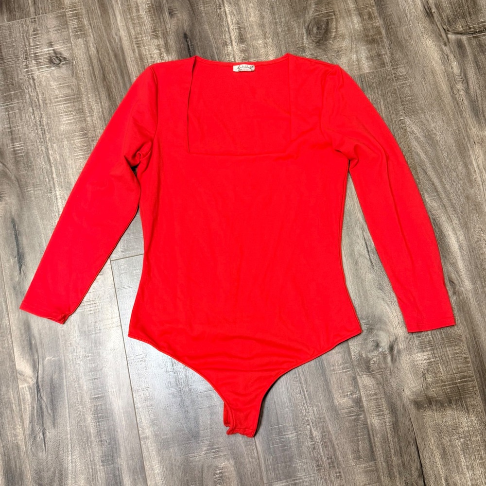 Intimately Free People Red Square Neck Long Sleeve Bodysuit Medium